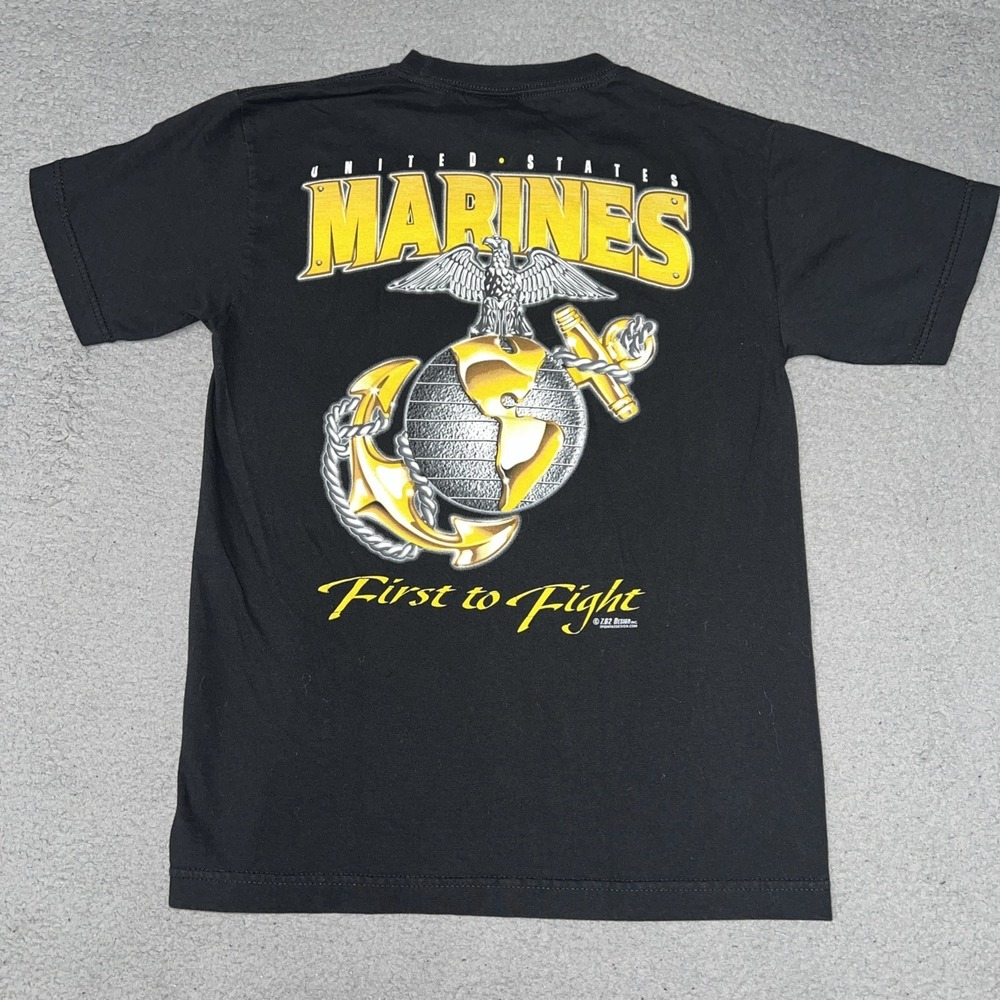 VTG 7.62 Design US Marine Corps First to Fight T Shirt Men Sz S Black 2-Side Tee
